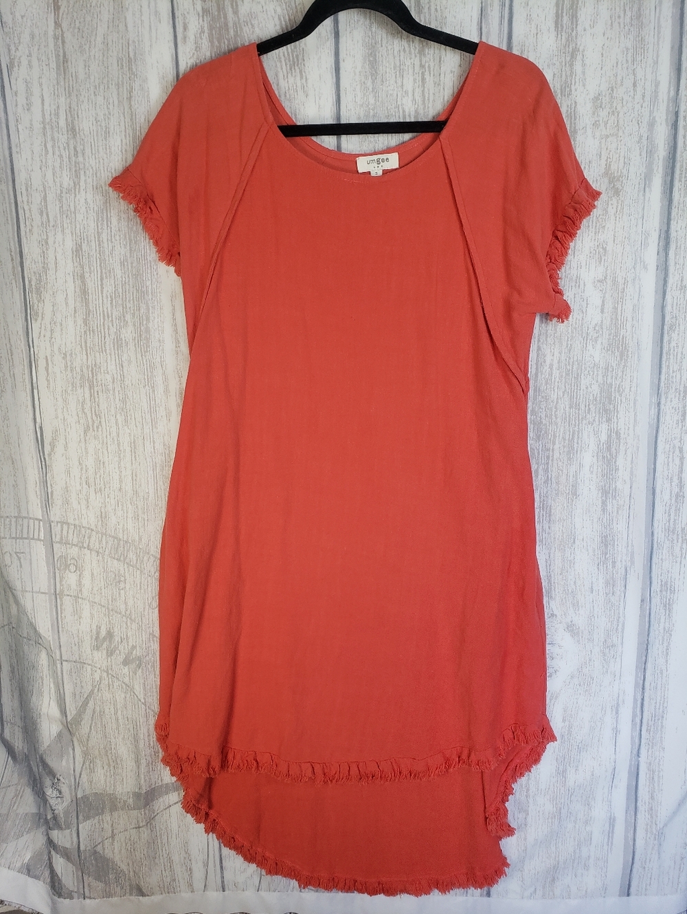 Umgee Coral Fringe Hem Short Sleeve Hi-Lo Boho Tunic Dress Sz Small A31